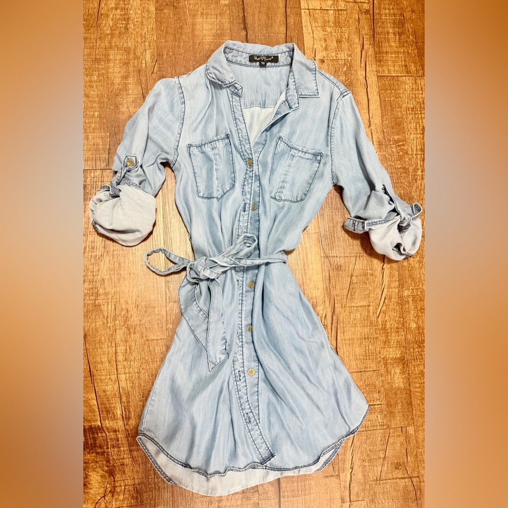 Velvet Heart Chambray Shirt Dress | Tie Waist Roll Tab Sleeves | XS